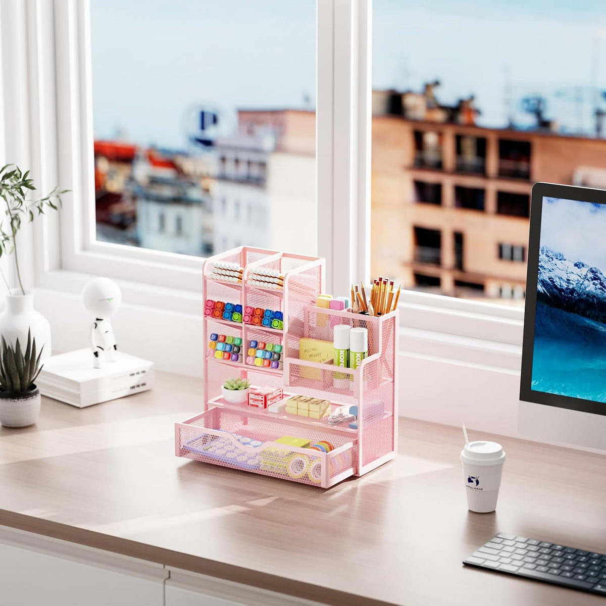 Mesh Pen Holder for Desk, Multi-Functional Pencil Organizer with Drawer, Desk Organizers and Accessories for Office Art Supplies (Black)