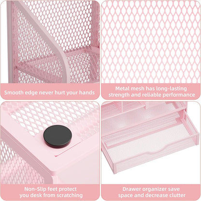 Mesh Pen Holder for Desk, Multi-Functional Pencil Organizer with Drawer, Desk Organizers and Accessories for Office Art Supplies (Black)