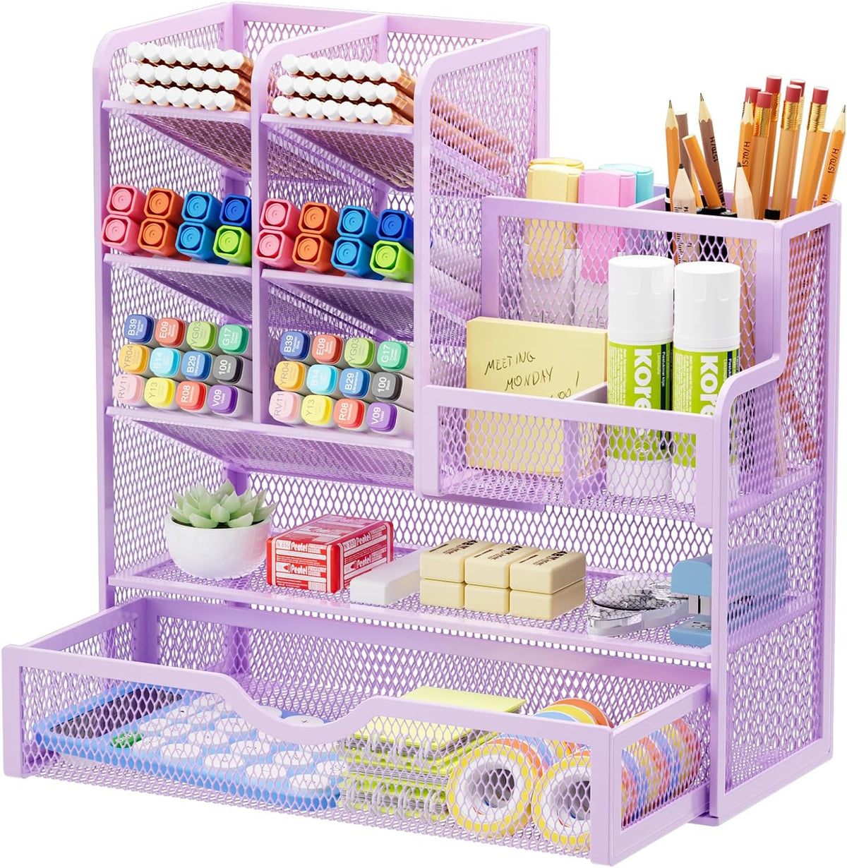 Mesh Pen Holder for Desk, Multi-Functional Pencil Organizer with Drawer, Desk Organizers and Accessories for Office Art Supplies (Black)