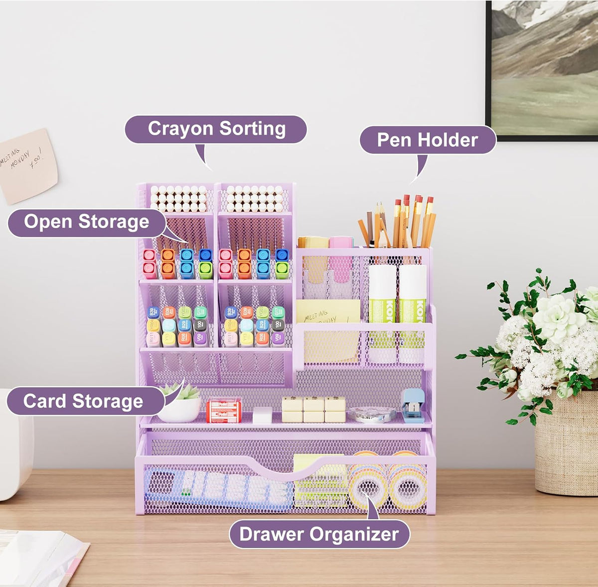 Mesh Pen Holder for Desk, Multi-Functional Pencil Organizer with Drawer, Desk Organizers and Accessories for Office Art Supplies (Black)