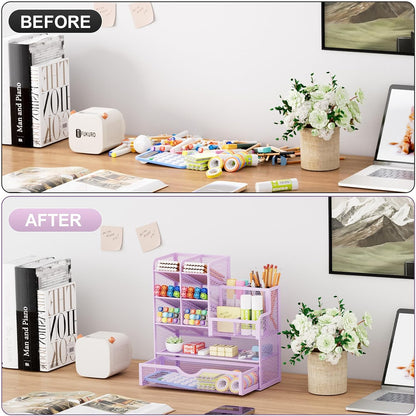 Mesh Pen Holder for Desk, Multi-Functional Pencil Organizer with Drawer, Desk Organizers and Accessories for Office Art Supplies (Black)