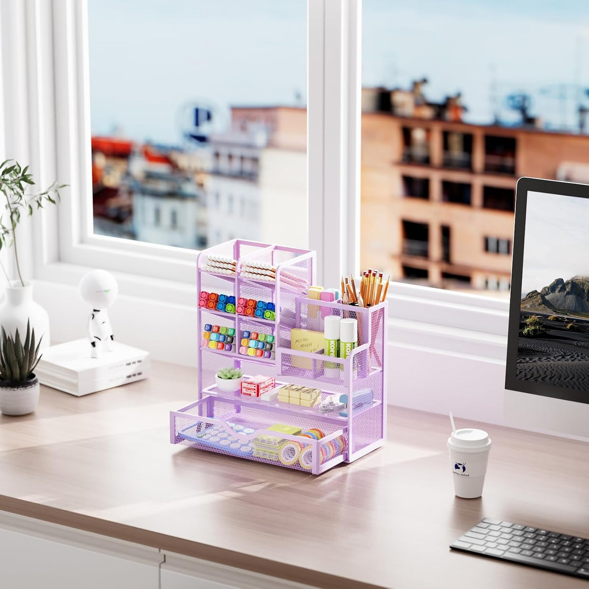 Mesh Pen Holder for Desk, Multi-Functional Pencil Organizer with Drawer, Desk Organizers and Accessories for Office Art Supplies (Black)