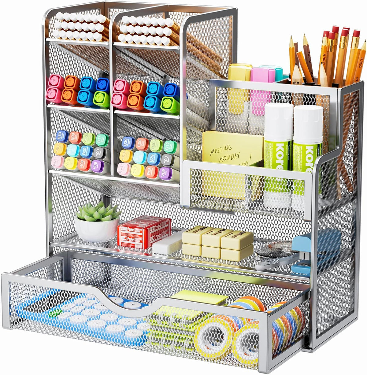 Mesh Pen Holder for Desk, Multi-Functional Pencil Organizer with Drawer, Desk Organizers and Accessories for Office Art Supplies (Black)