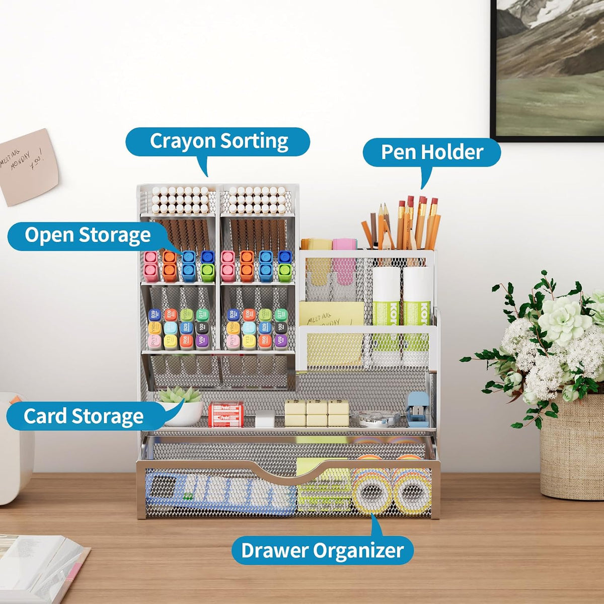 Mesh Pen Holder for Desk, Multi-Functional Pencil Organizer with Drawer, Desk Organizers and Accessories for Office Art Supplies (Black)