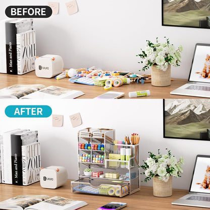Mesh Pen Holder for Desk, Multi-Functional Pencil Organizer with Drawer, Desk Organizers and Accessories for Office Art Supplies (Black)