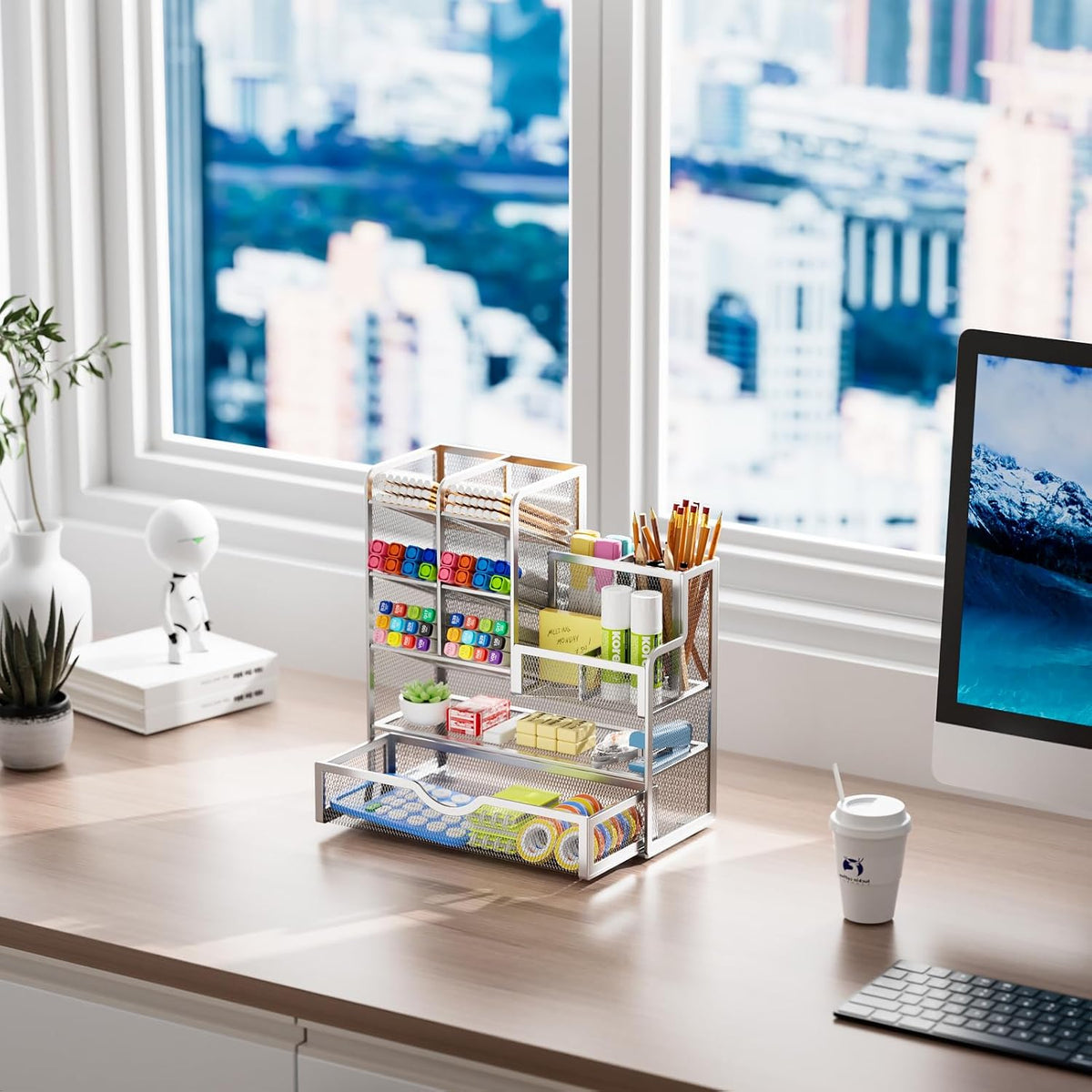Mesh Pen Holder for Desk, Multi-Functional Pencil Organizer with Drawer, Desk Organizers and Accessories for Office Art Supplies (Black)