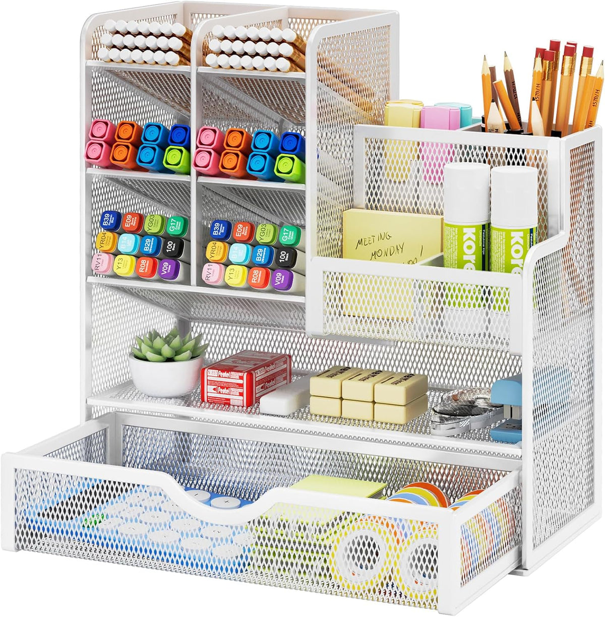 Mesh Pen Holder for Desk, Multi-Functional Pencil Organizer with Drawer, Desk Organizers and Accessories for Office Art Supplies (Black)
