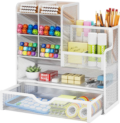 Mesh Pen Holder for Desk, Multi-Functional Pencil Organizer with Drawer, Desk Organizers and Accessories for Office Art Supplies (Black)