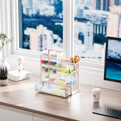 Mesh Pen Holder for Desk, Multi-Functional Pencil Organizer with Drawer, Desk Organizers and Accessories for Office Art Supplies (Black)