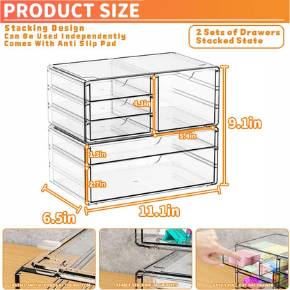 2 Pack Acrylic Drawer Organizer With 6 Drawers,Stackable 11.1” Large Clear Storage Drawers and Makeup Organizer For Vanity,Bathroom Countertop,Cabinet,Pantry,Office Supply Storage Bins Drawers