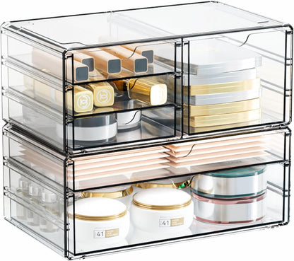 2 Pack Acrylic Drawer Organizer With 6 Drawers,Stackable 11.1” Large Clear Storage Drawers and Makeup Organizer For Vanity,Bathroom Countertop,Cabinet,Pantry,Office Supply Storage Bins Drawers