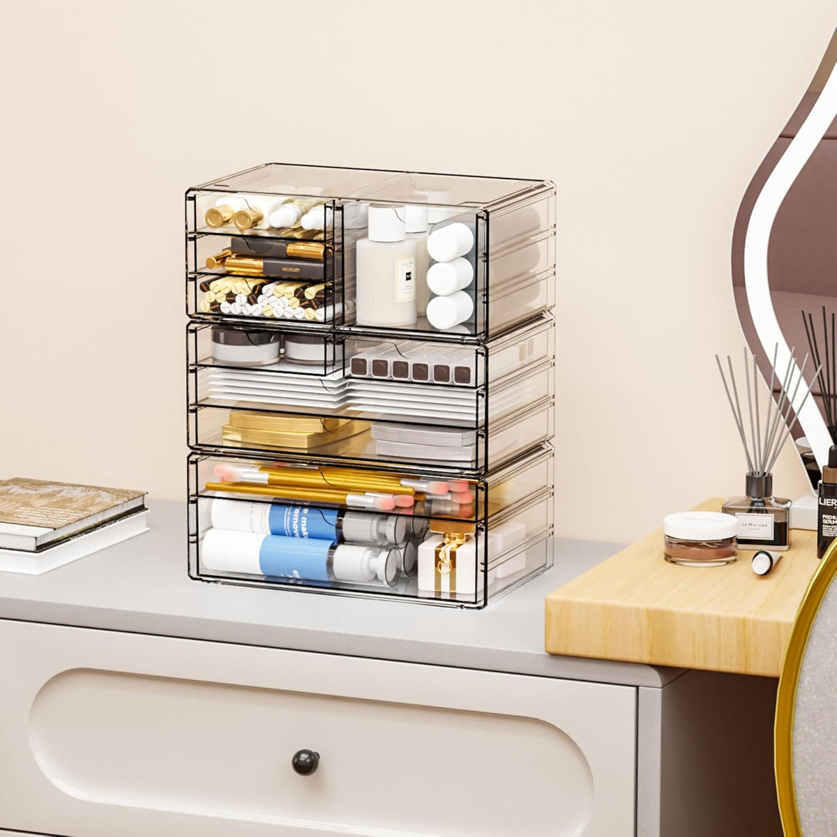 2 Pack Acrylic Drawer Organizer With 6 Drawers,Stackable 11.1” Large Clear Storage Drawers and Makeup Organizer For Vanity,Bathroom Countertop,Cabinet,Pantry,Office Supply Storage Bins Drawers