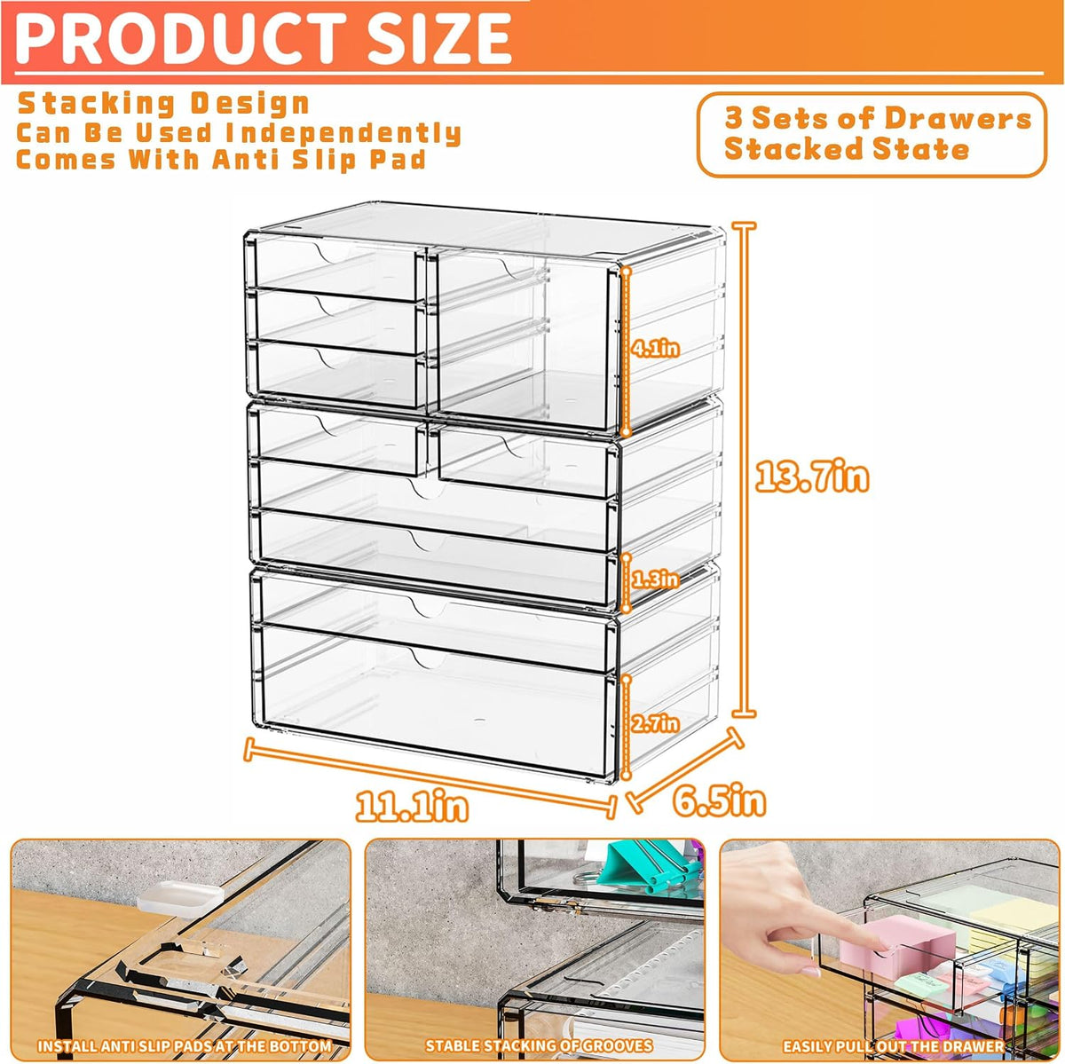 2 Pack Acrylic Drawer Organizer With 6 Drawers,Stackable 11.1” Large Clear Storage Drawers and Makeup Organizer For Vanity,Bathroom Countertop,Cabinet,Pantry,Office Supply Storage Bins Drawers
