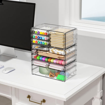 2 Pack Acrylic Drawer Organizer With 6 Drawers,Stackable 11.1” Large Clear Storage Drawers and Makeup Organizer For Vanity,Bathroom Countertop,Cabinet,Pantry,Office Supply Storage Bins Drawers