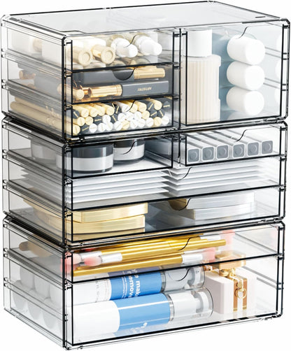 2 Pack Acrylic Drawer Organizer With 6 Drawers,Stackable 11.1” Large Clear Storage Drawers and Makeup Organizer For Vanity,Bathroom Countertop,Cabinet,Pantry,Office Supply Storage Bins Drawers
