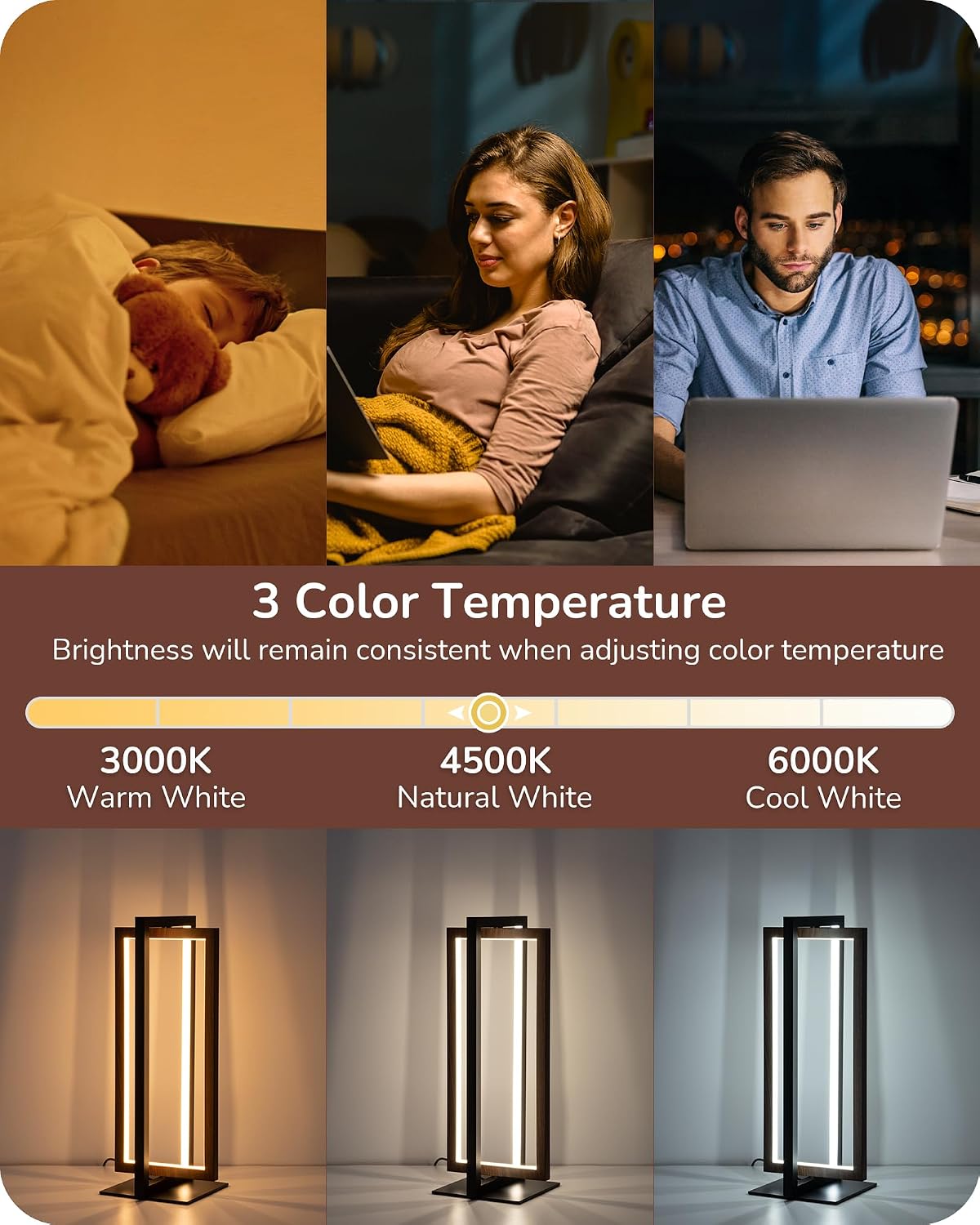 Modern LED Table Lamp, Minimalist Bedside Lamp, Walnut Wood Grain