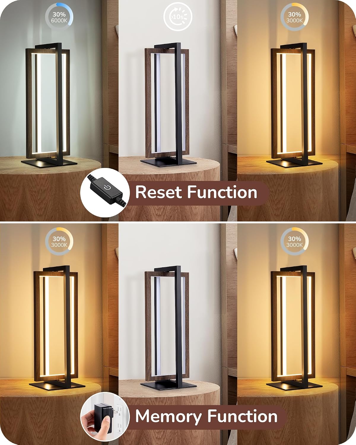 Modern LED Table Lamp, Minimalist Bedside Lamp, Walnut Wood Grain