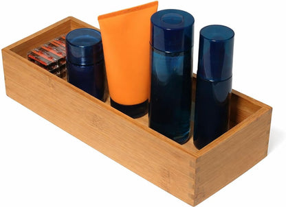 Bamboo Wood Utensil Holder Storage Box for Cooking Tools, Makeup, or Office Supplies, 4" x 9 1/4" x 3"
