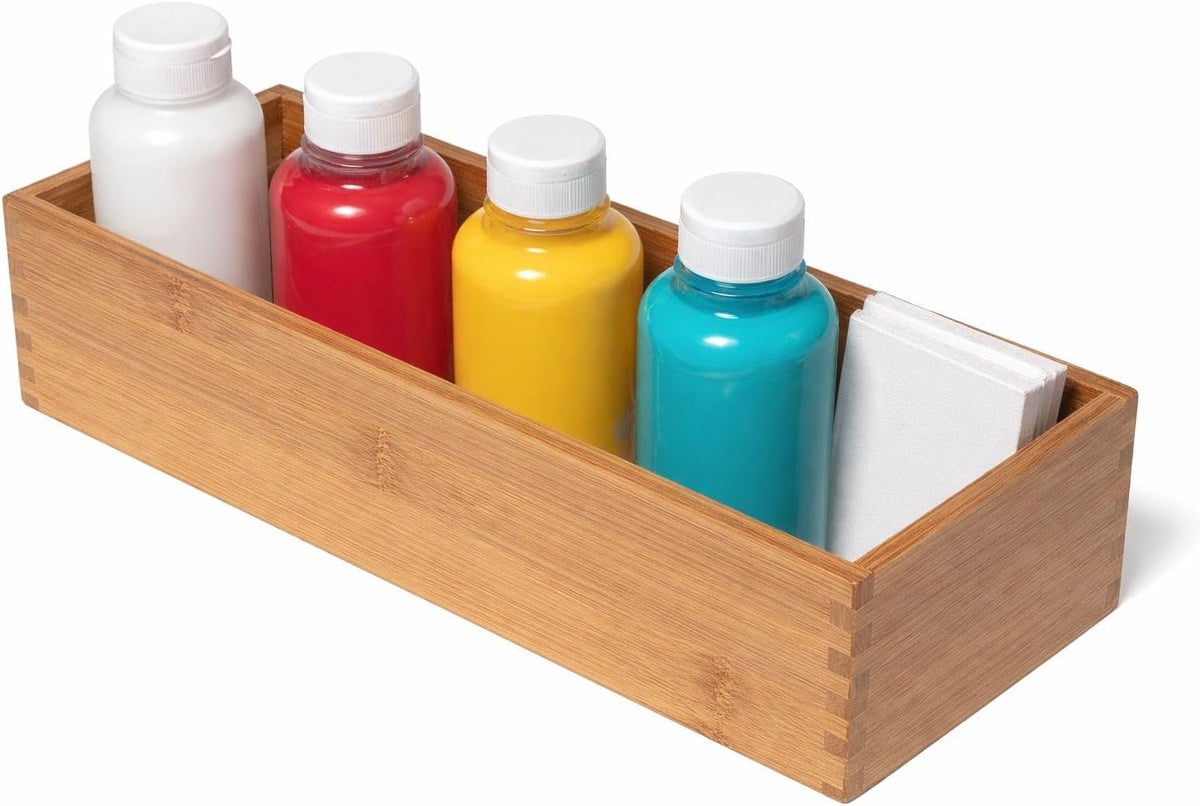 Bamboo Wood Utensil Holder Storage Box for Cooking Tools, Makeup, or Office Supplies, 4" x 9 1/4" x 3"