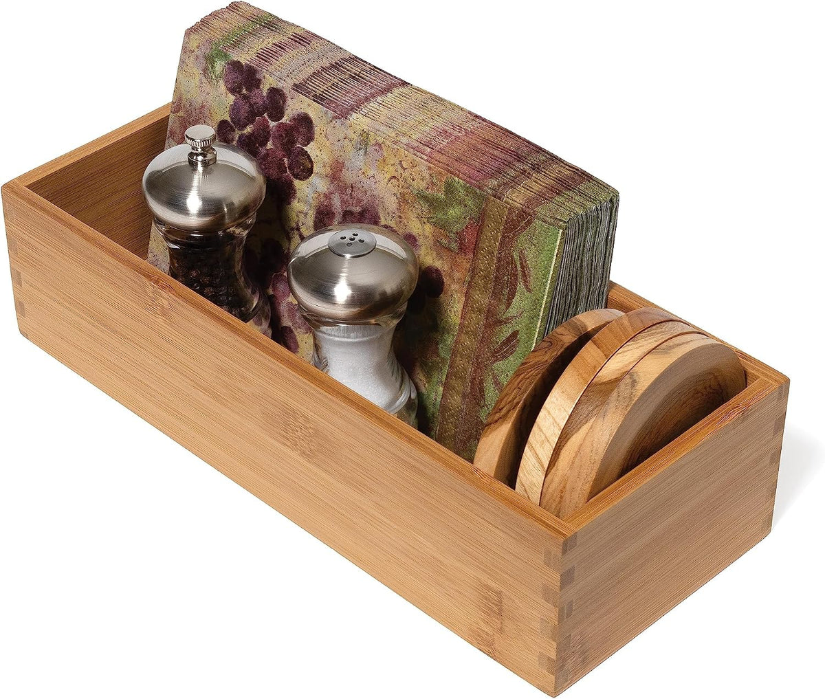 Bamboo Wood Utensil Holder Storage Box for Cooking Tools, Makeup, or Office Supplies, 4" x 9 1/4" x 3"