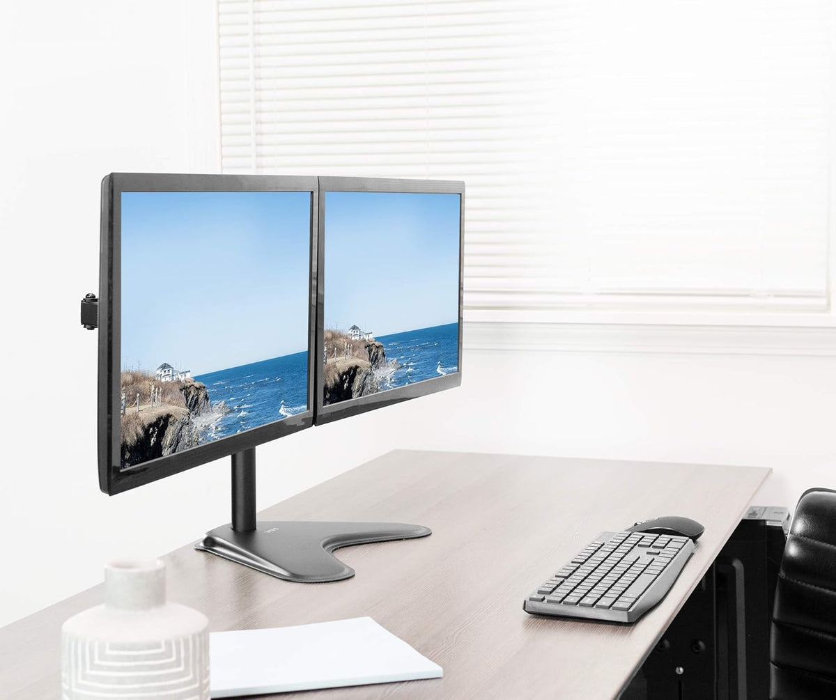 Dual 13 to 30 inch Monitor Free-Standing Mount, Fully Adjustable Desk Stand, Holds 2 Flat or Curved Display Screens, STAND-V102F