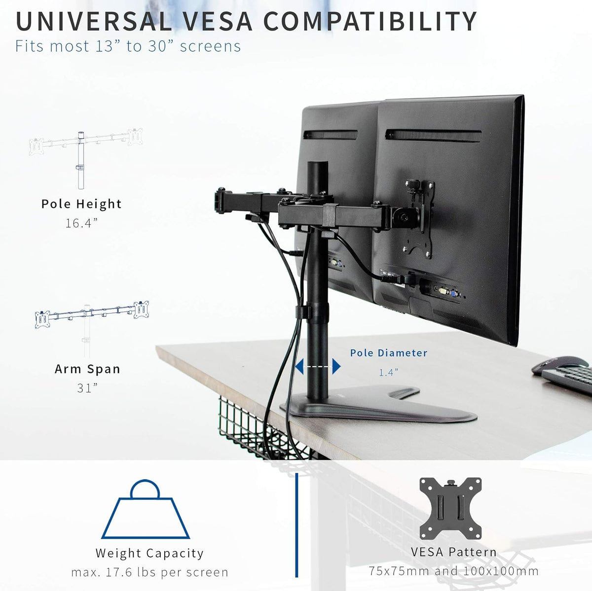 Dual 13 to 30 inch Monitor Free-Standing Mount, Fully Adjustable Desk Stand, Holds 2 Flat or Curved Display Screens, STAND-V102F
