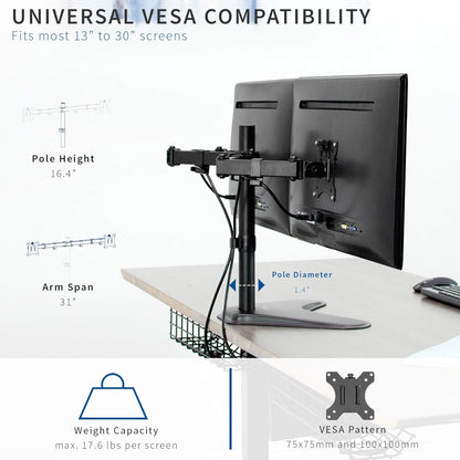 Dual 13 to 30 inch Monitor Free-Standing Mount, Fully Adjustable Desk Stand, Holds 2 Flat or Curved Display Screens, STAND-V102F