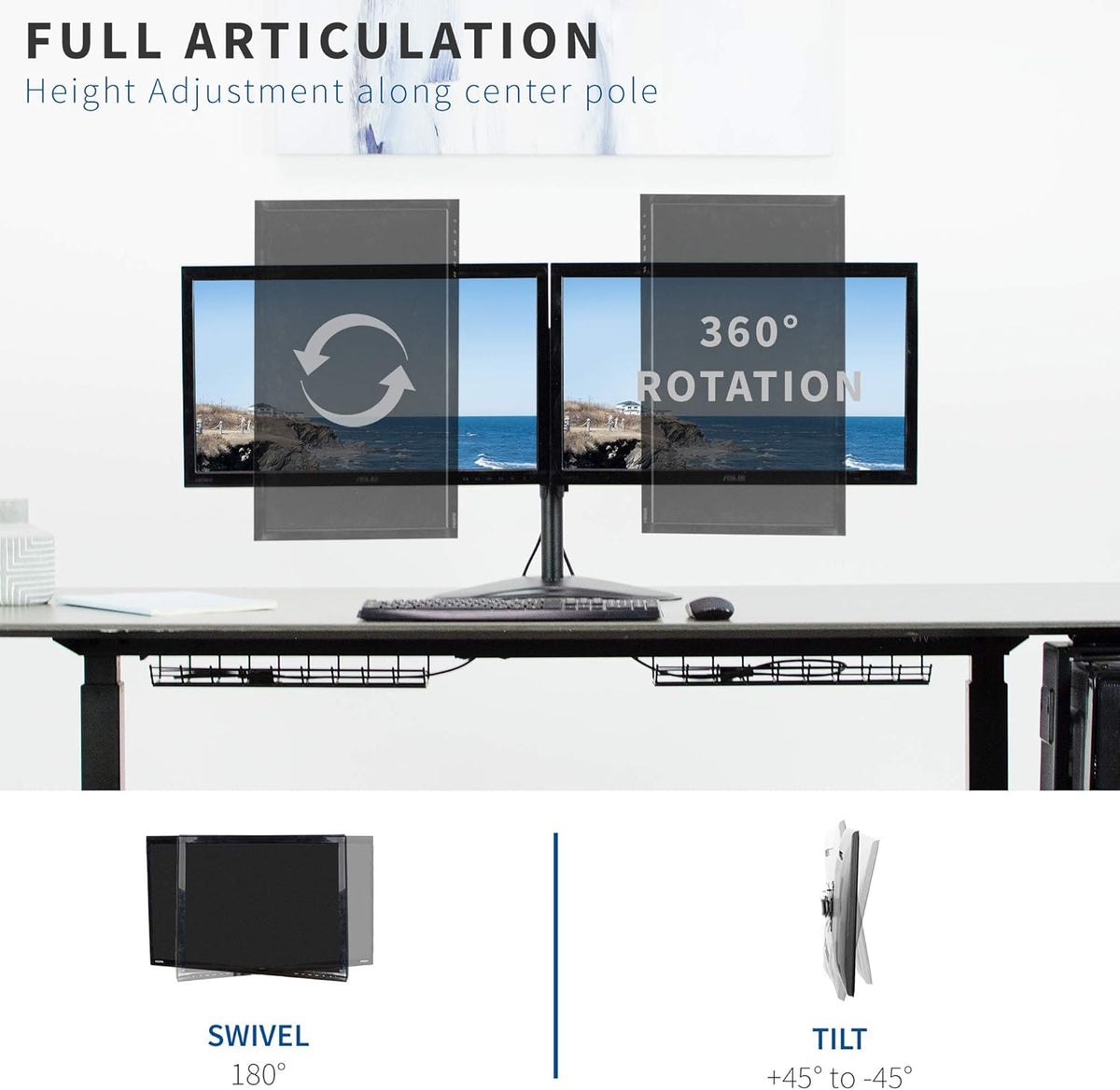 Dual 13 to 30 inch Monitor Free-Standing Mount, Fully Adjustable Desk Stand, Holds 2 Flat or Curved Display Screens, STAND-V102F
