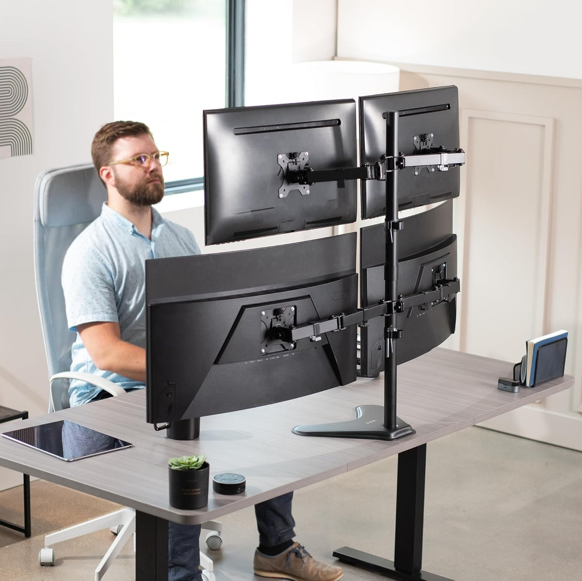 Dual 13 to 30 inch Monitor Free-Standing Mount, Fully Adjustable Desk Stand, Holds 2 Flat or Curved Display Screens, STAND-V102F