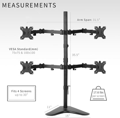 Dual 13 to 30 inch Monitor Free-Standing Mount, Fully Adjustable Desk Stand, Holds 2 Flat or Curved Display Screens, STAND-V102F