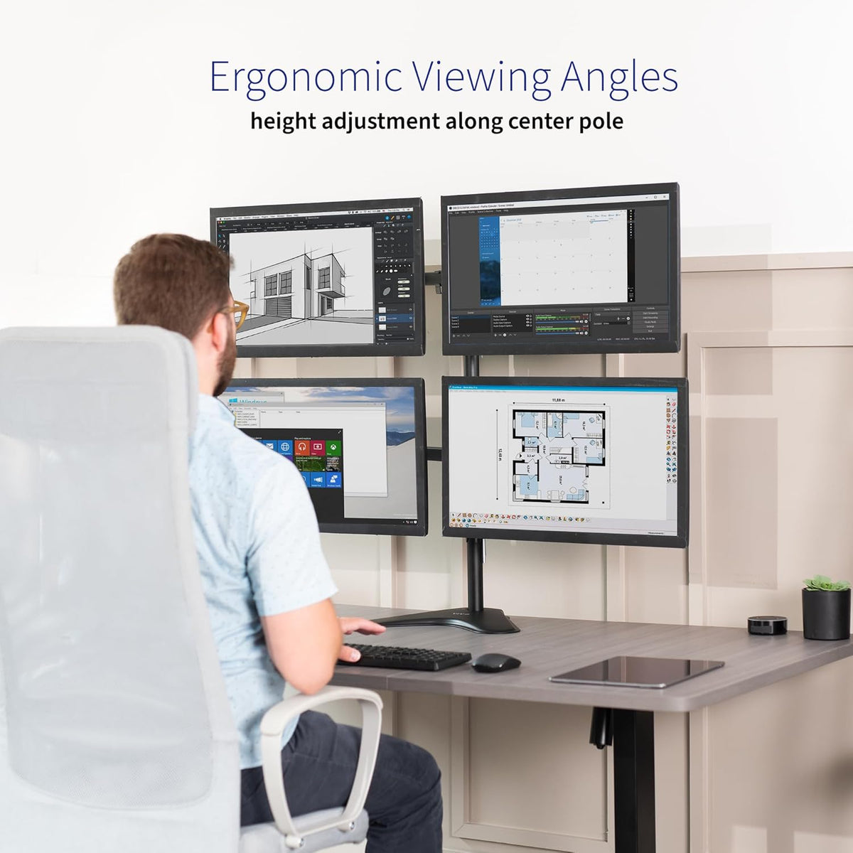 Dual 13 to 30 inch Monitor Free-Standing Mount, Fully Adjustable Desk Stand, Holds 2 Flat or Curved Display Screens, STAND-V102F