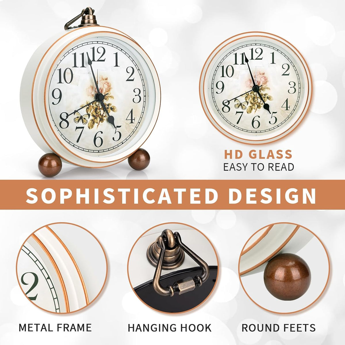 5.2in Desk Clock, Retro Silent Analog Clock Non-Ticking & Battery Operated with Quartz Movement,Clock Decor for Bedroom Living Room