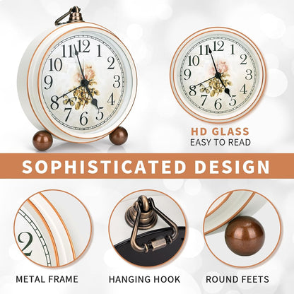 5.2in Desk Clock, Retro Silent Analog Clock Non-Ticking & Battery Operated with Quartz Movement,Clock Decor for Bedroom Living Room