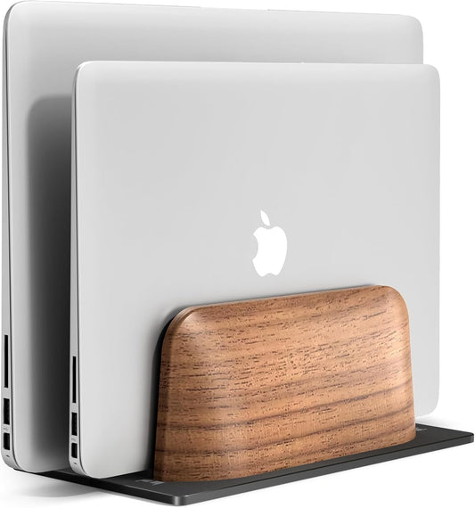 Vertical Laptop Stand, Dual Slot Wood Holder for Desk