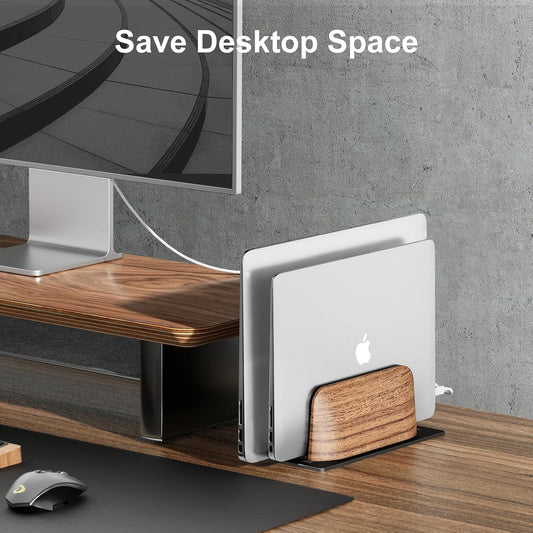 Vertical Laptop Stand, Dual Slot Wood Holder for Desk