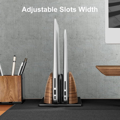 Vertical Laptop Stand, Dual Slot Wood Holder for Desk