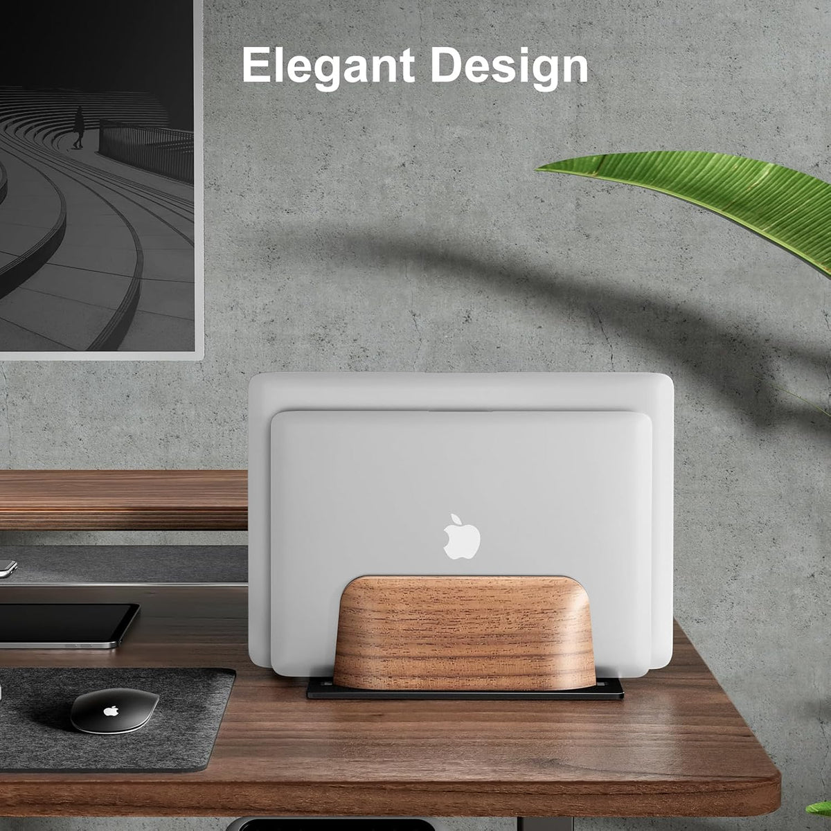 Vertical Laptop Stand, Dual Slot Wood Holder for Desk