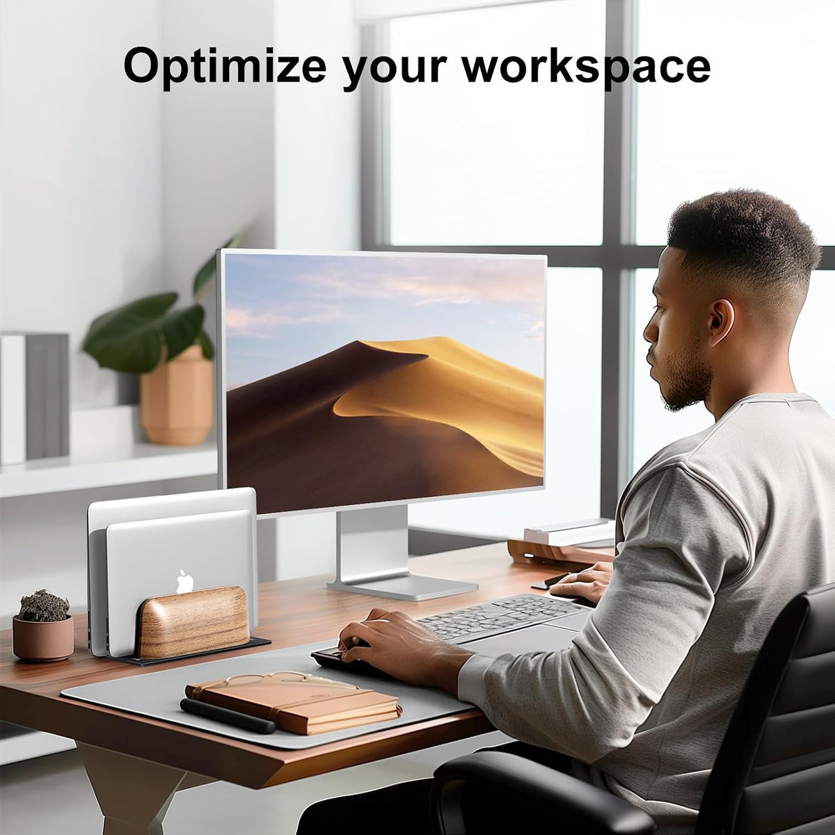 Vertical Laptop Stand, Dual Slot Wood Holder for Desk