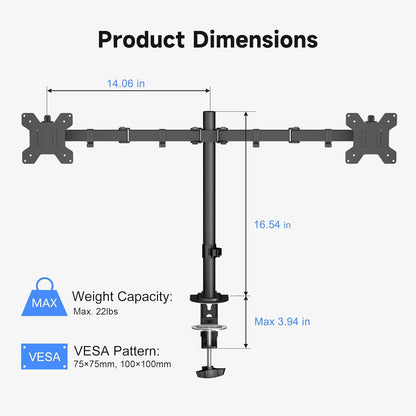 Pholiten Dual Monitor Mount for 2 Screens up to 32 Inches and 22lbs Each