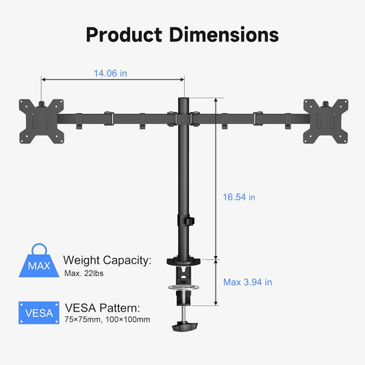 Pholiten Dual Monitor Mount for 2 Screens up to 32 Inches and 22lbs Each