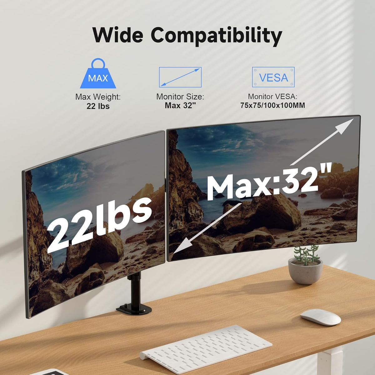 Pholiten Dual Monitor Mount for 2 Screens up to 32 Inches and 22lbs Each