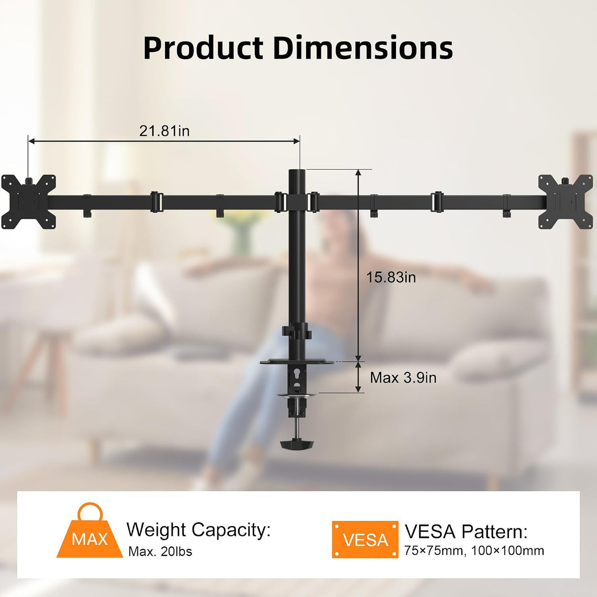 Pholiten Dual Monitor Mount for 2 Screens up to 32 Inches and 22lbs Each