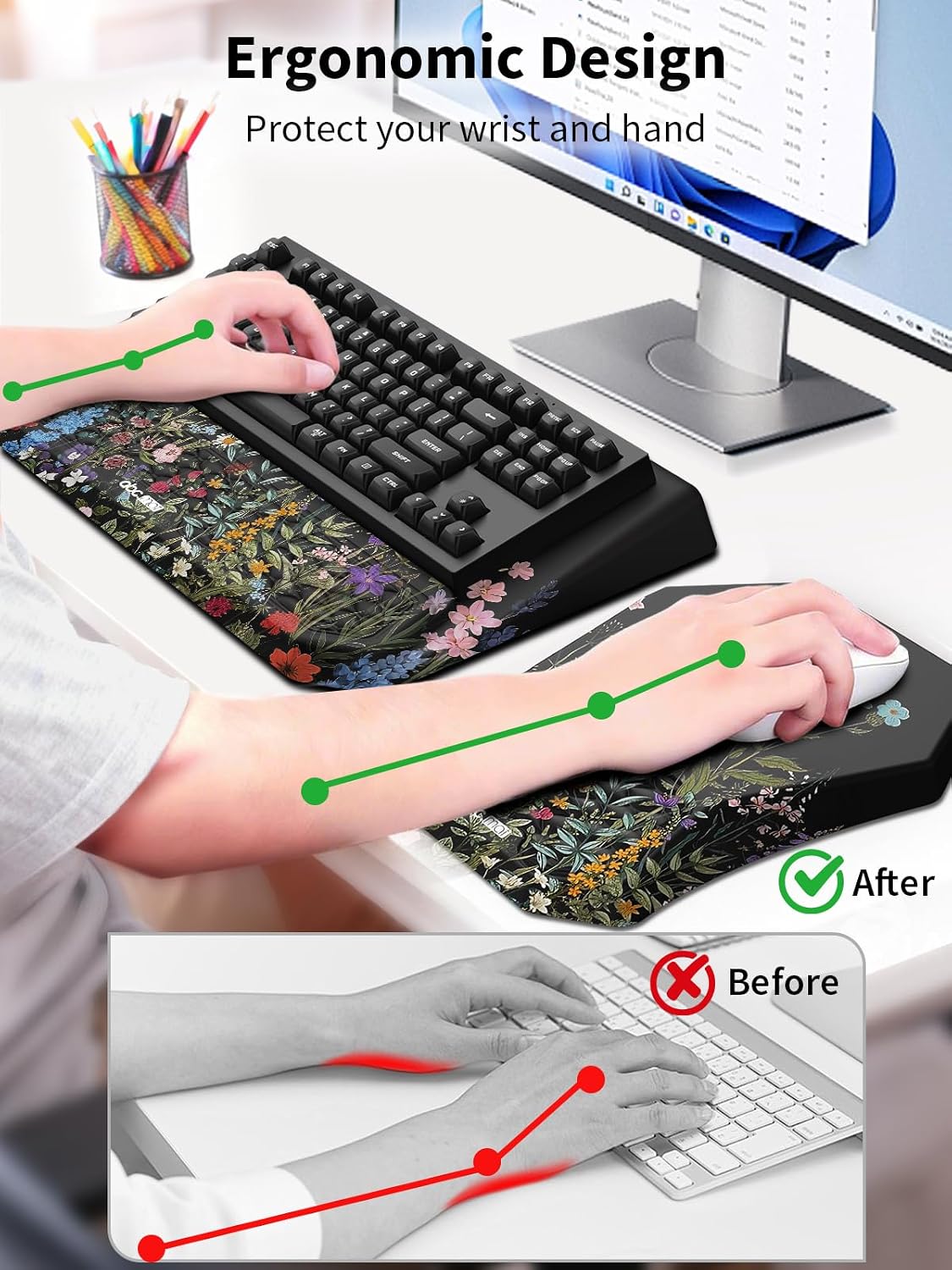 3-in-1 Ergonomic Keyboard Stand with Wrist Rest & Mouse Pad Set, Black