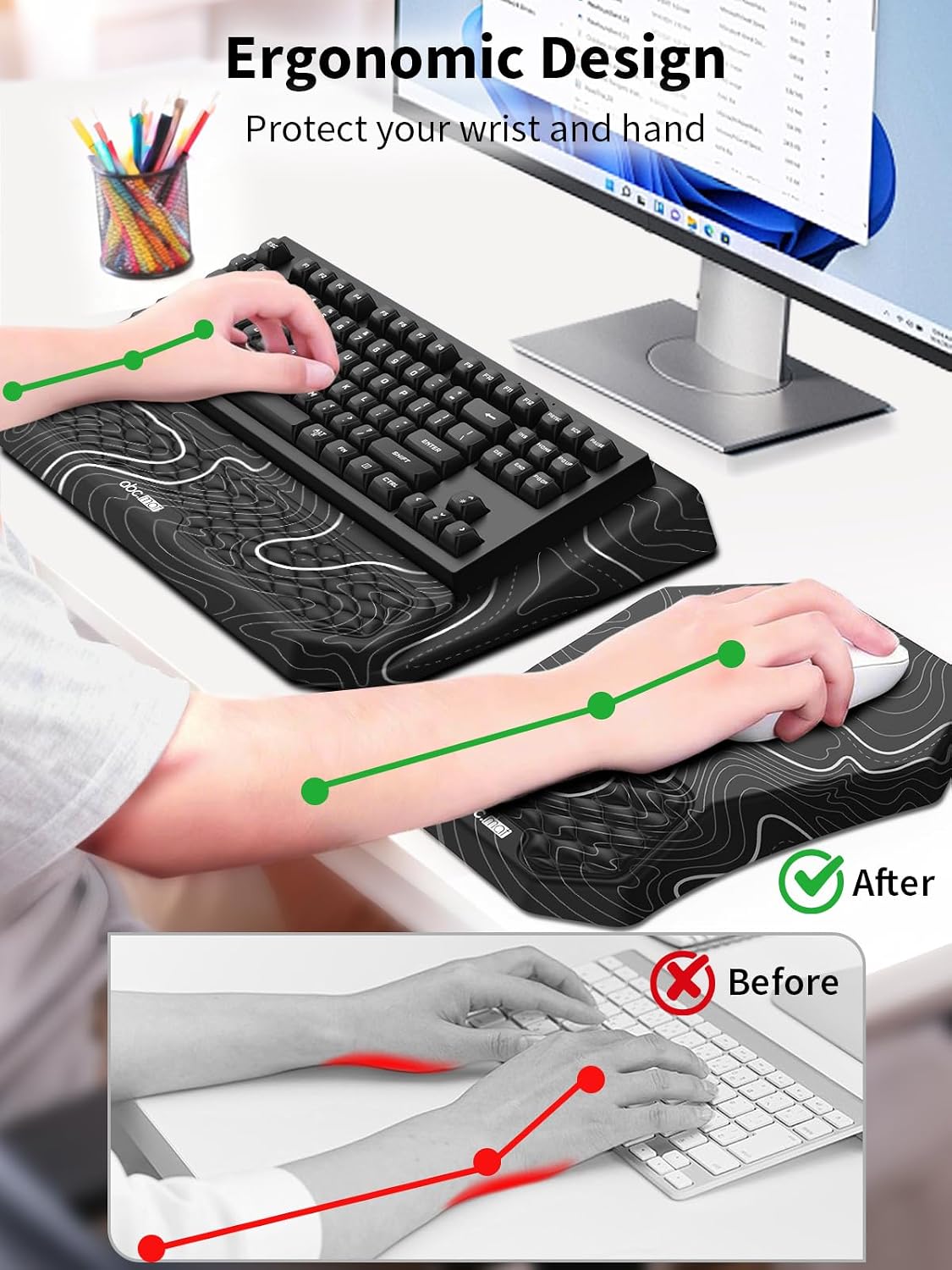 3-in-1 Ergonomic Keyboard Stand with Wrist Rest & Mouse Pad Set, Black