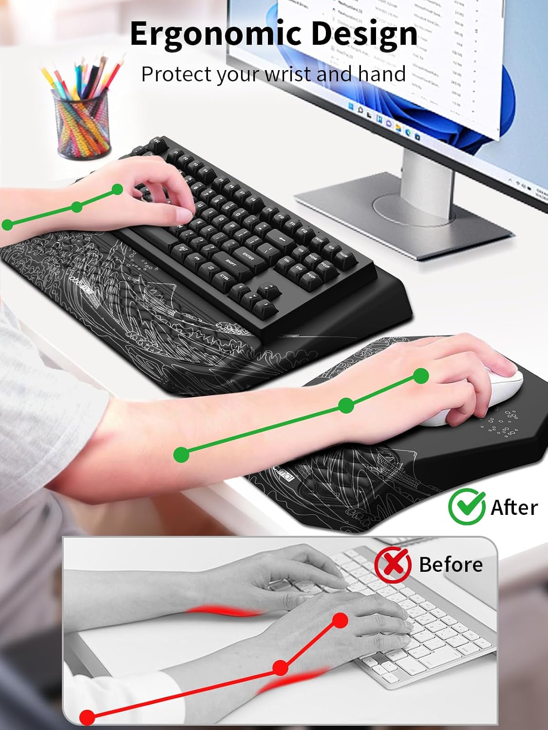 3-in-1 Ergonomic Keyboard Stand with Wrist Rest & Mouse Pad Set, Black