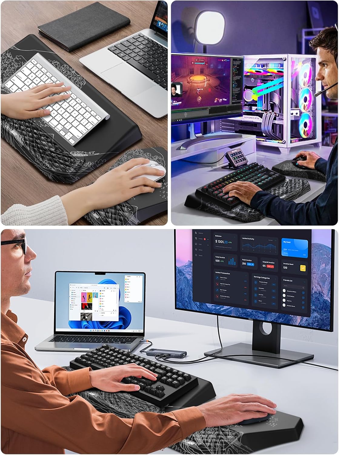 3-in-1 Ergonomic Keyboard Stand with Wrist Rest & Mouse Pad Set, Black
