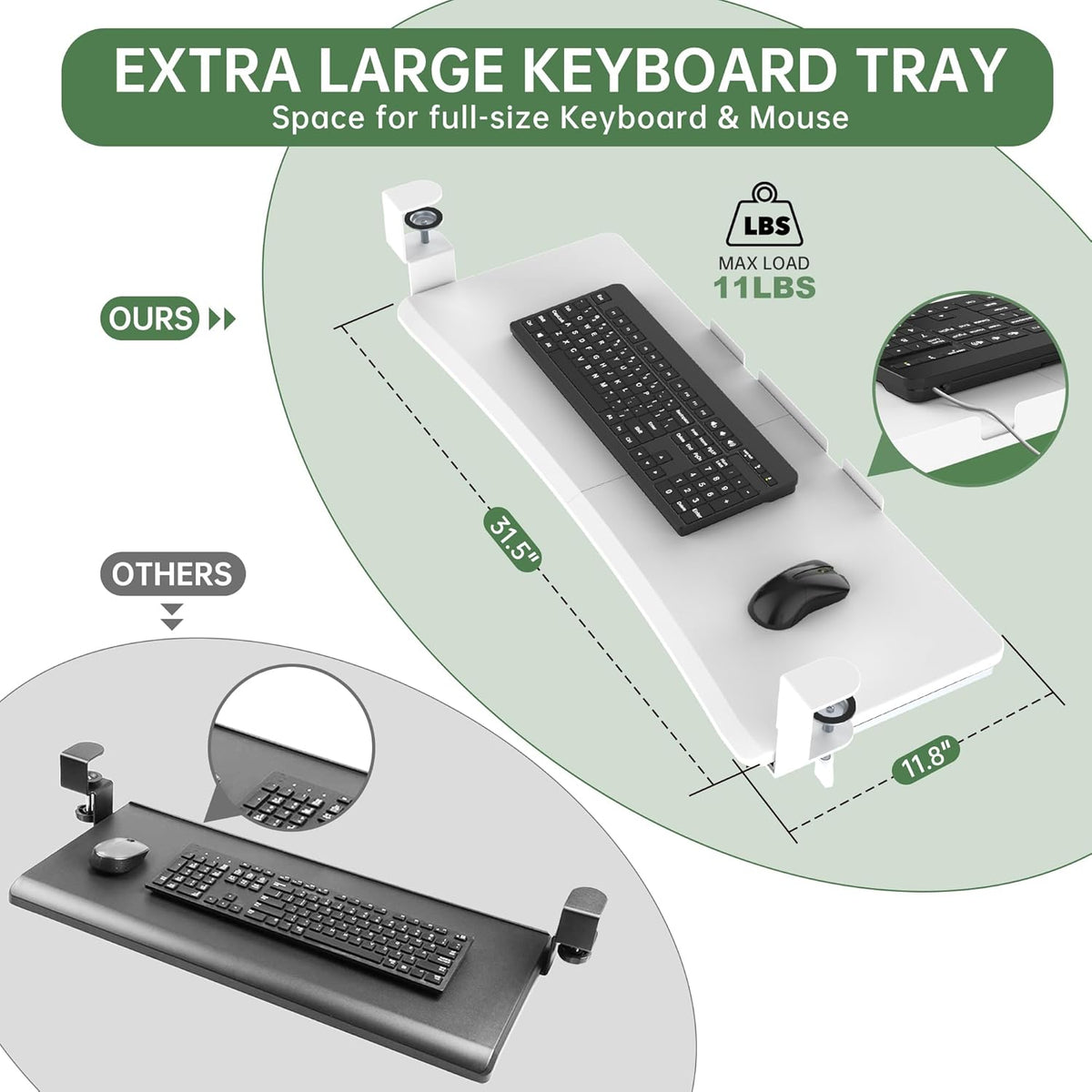Extra Large Keyboard Tray Under Desk White