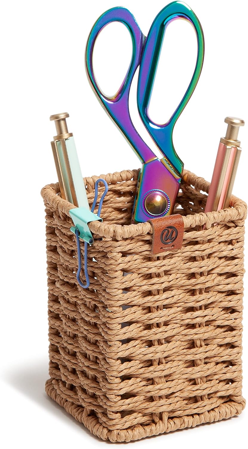 Pencil Cup, Pen Holder, Desktop Organizer, Wicker Woven Finish
