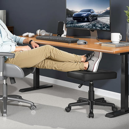 Under Desk Footrest, PU Ergonomic Foot Rest with Wheels, Comfort Padding, Height Adjustable for Relieving Leg Pain, Stiffness, Black