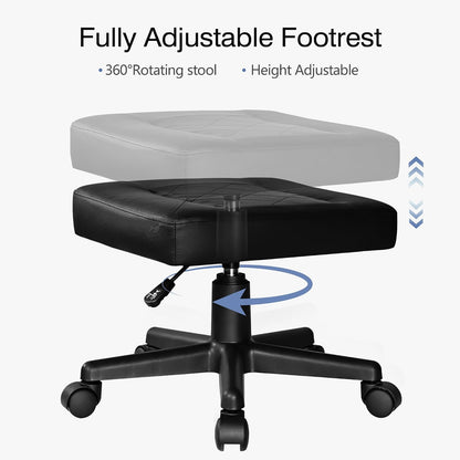 Under Desk Footrest, PU Ergonomic Foot Rest with Wheels, Comfort Padding, Height Adjustable for Relieving Leg Pain, Stiffness, Black